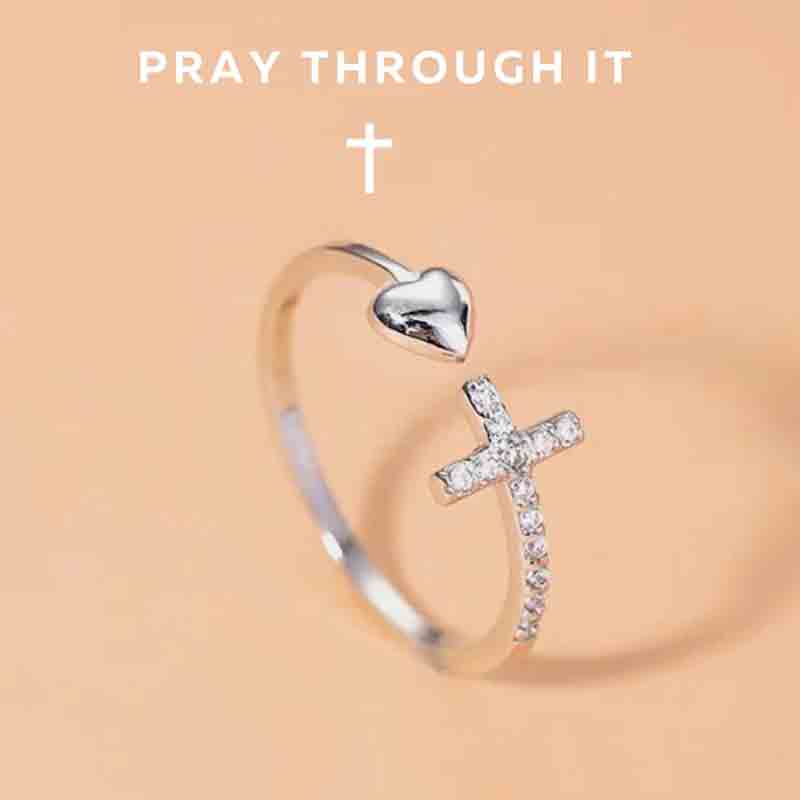 Pray Through It Cross & Heart Adjustable Ring
